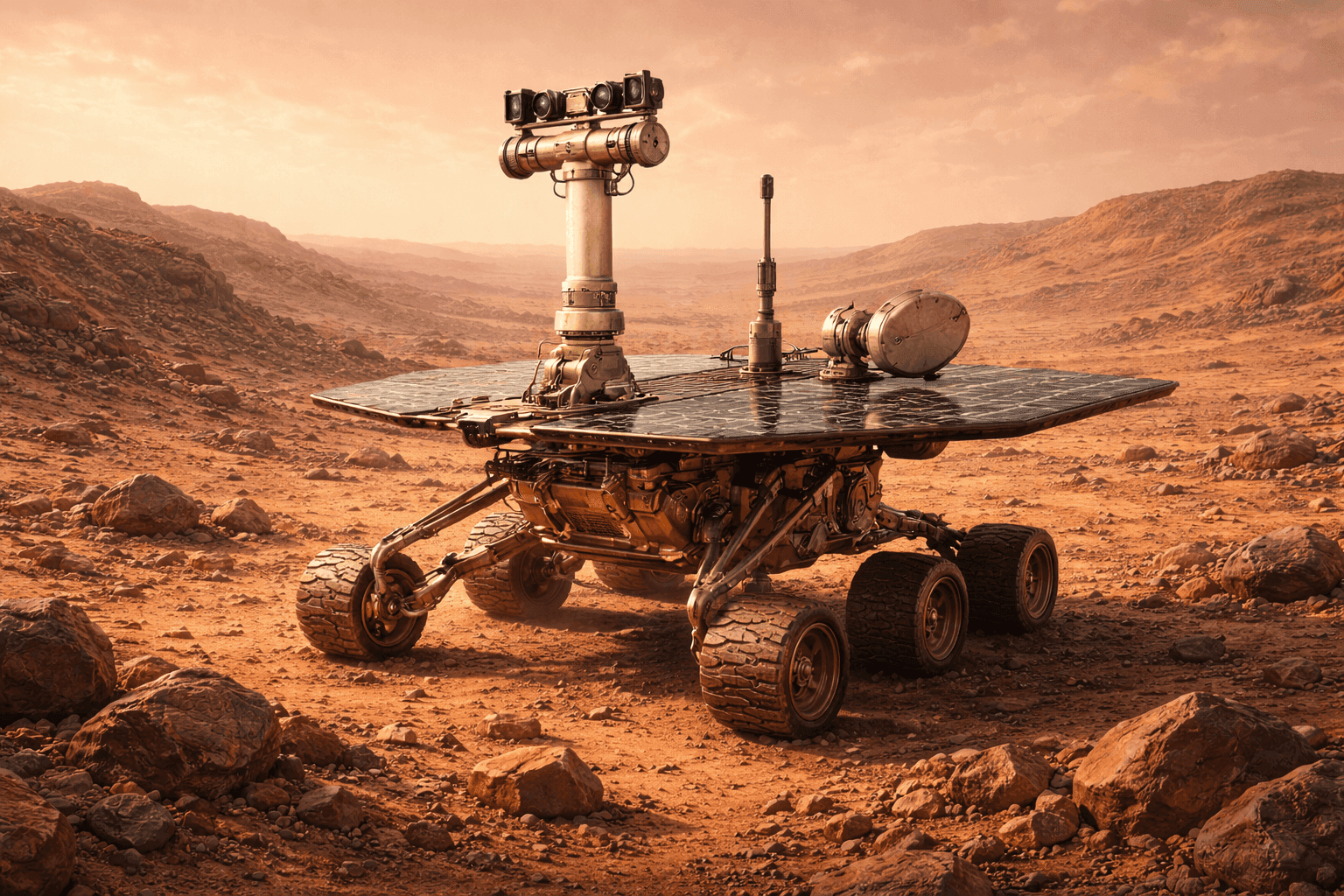 Opportunity rover on the Martian surface with red rocky terrain and distant hills visible under a pink sky