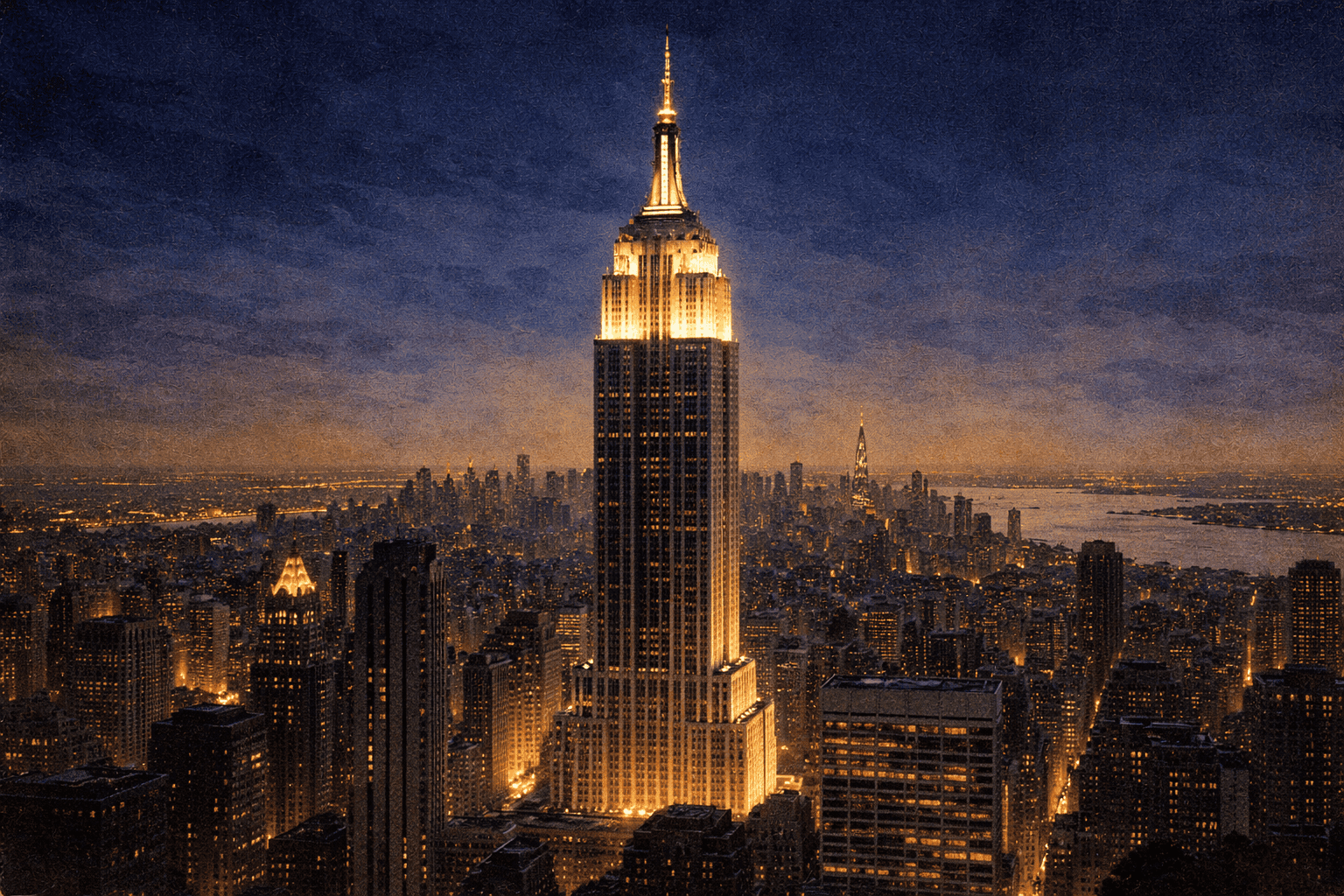 The Empire State Building soaring above the New York City skyline at dusk with its tower lights illuminated against a deep blue sky