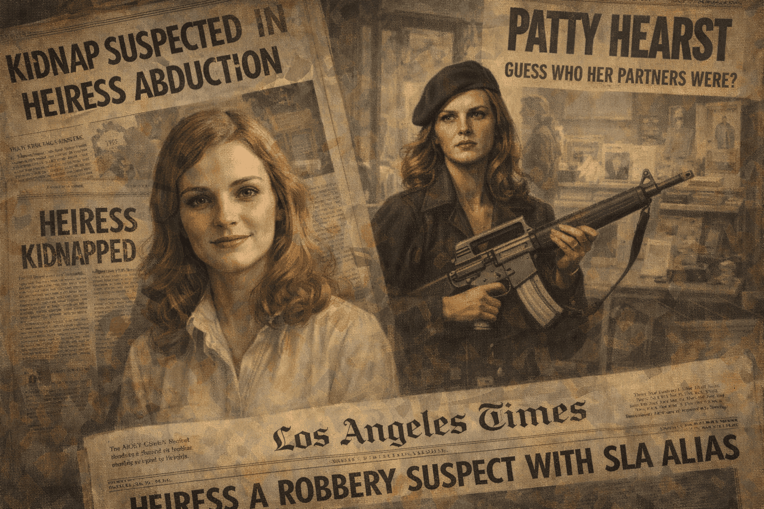 News coverage collage showing Patty Hearst before kidnapping and surveillance photo from bank robbery