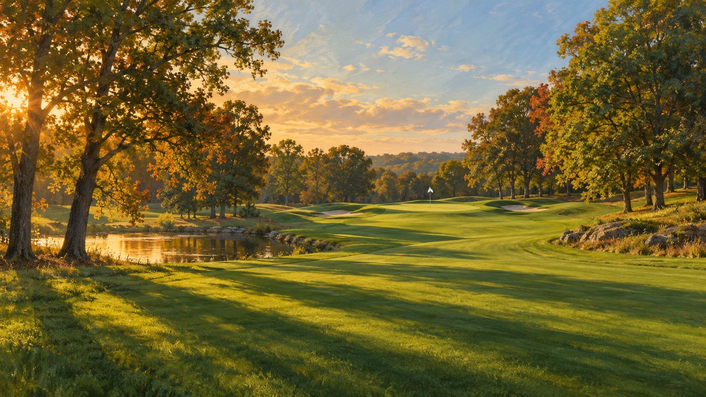 An American golf course at golden hour, the fairway curving through manicured landscape, long shadows from the late afternoon sun, the serene beauty of the sport Arnold Palmer made popular
