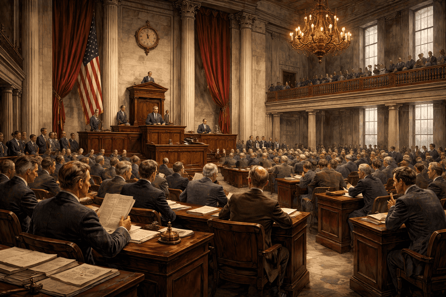 Historical illustration of 1920s Tennessee State Capitol building with legislative chamber