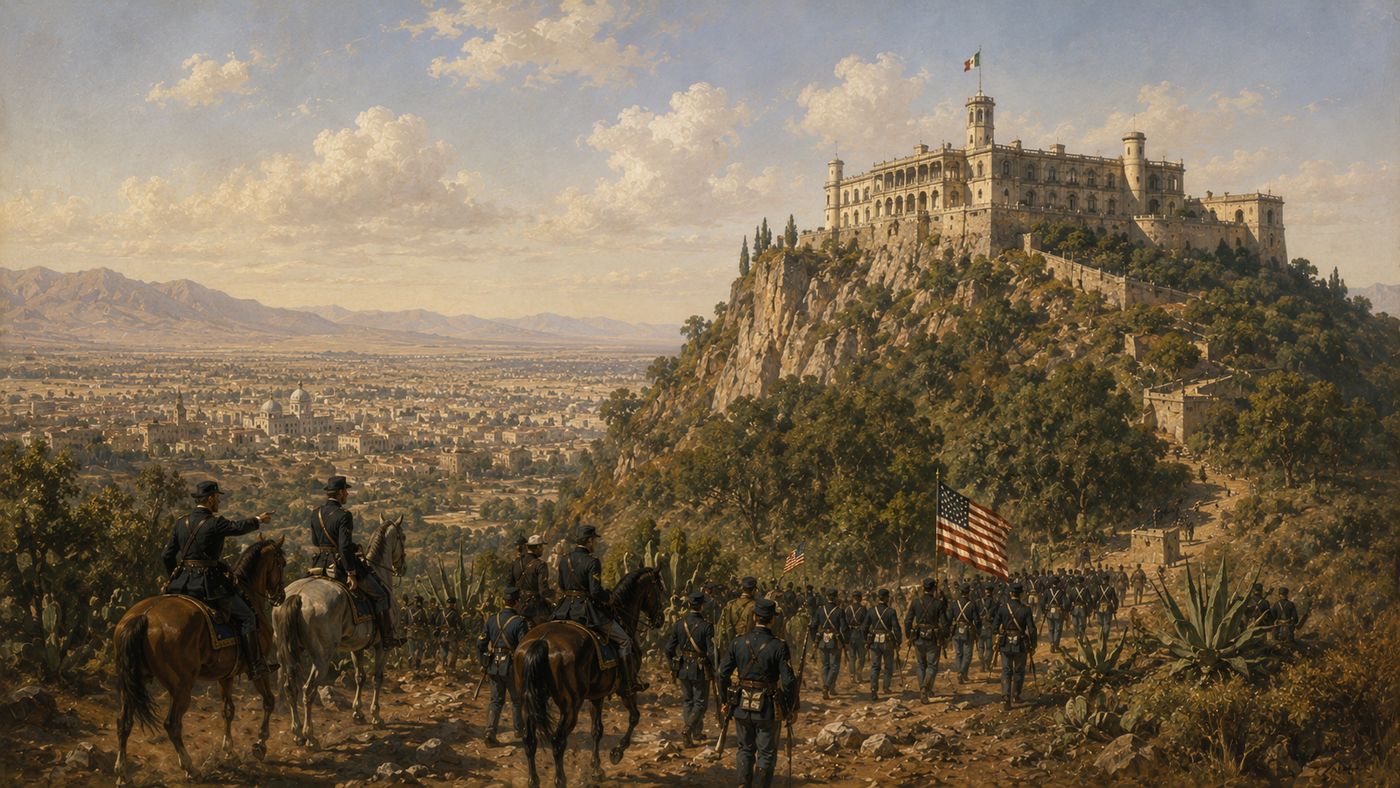 Chapultepec Castle on a rocky hill above Mexico City in 1847, American forces visible approaching the fortified position, the Mexican capital visible in the valley below