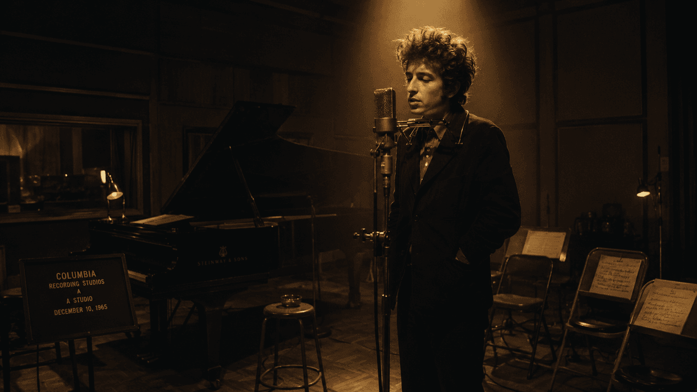 A moody 1960s recording studio with a lone musician at a microphone, surrounded by instruments and low amber light