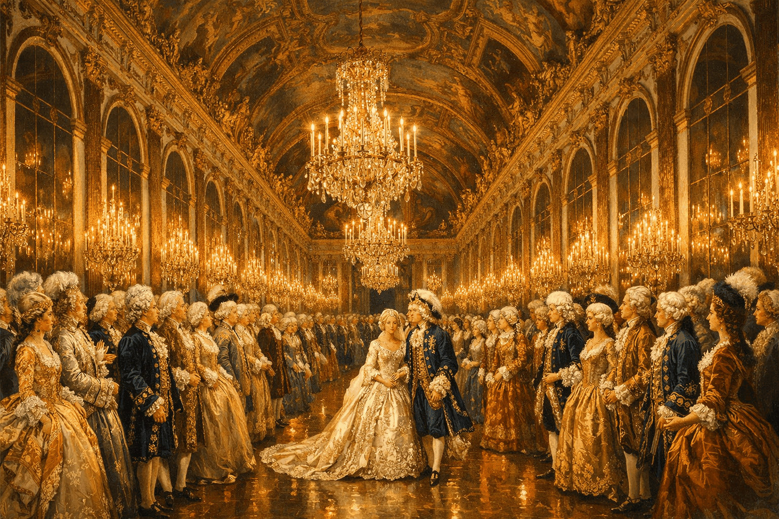 The Hall of Mirrors at Versailles decorated for a royal celebration with candlelight and formally dressed courtiers