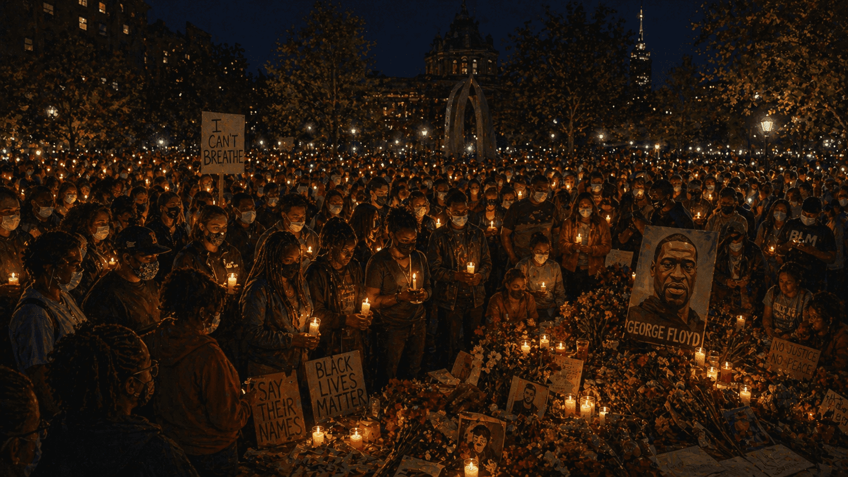 A peaceful candlelight vigil at night with a large crowd holding candles and flowers in a public square
