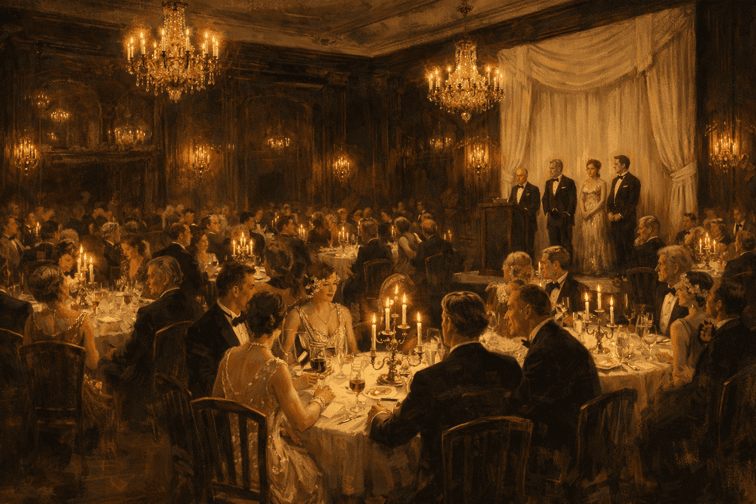 A 1920s Hollywood hotel ballroom set for a formal private dinner with round tables and elegantly dressed guests