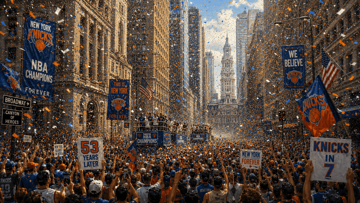 Millions of people lining Broadway in Lower Manhattan as confetti falls from skyscraper windows during a ticker-tape parade
