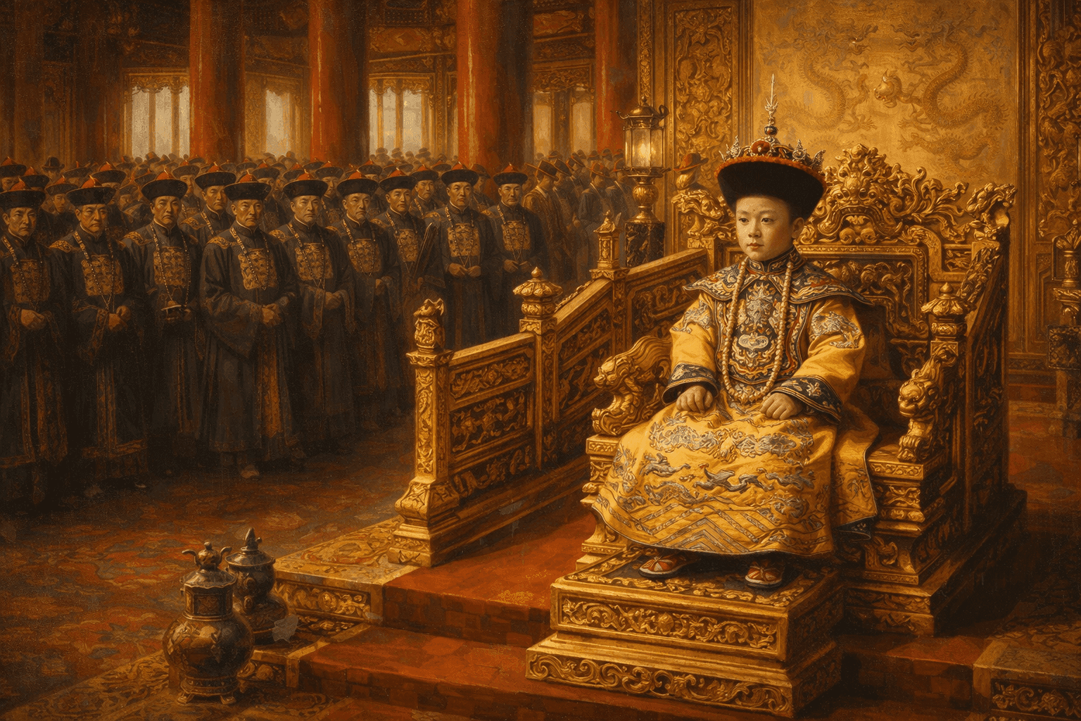 Young Emperor Puyi in elaborate imperial robes seated on the Dragon Throne in the Forbidden City with advisors during the abdication period