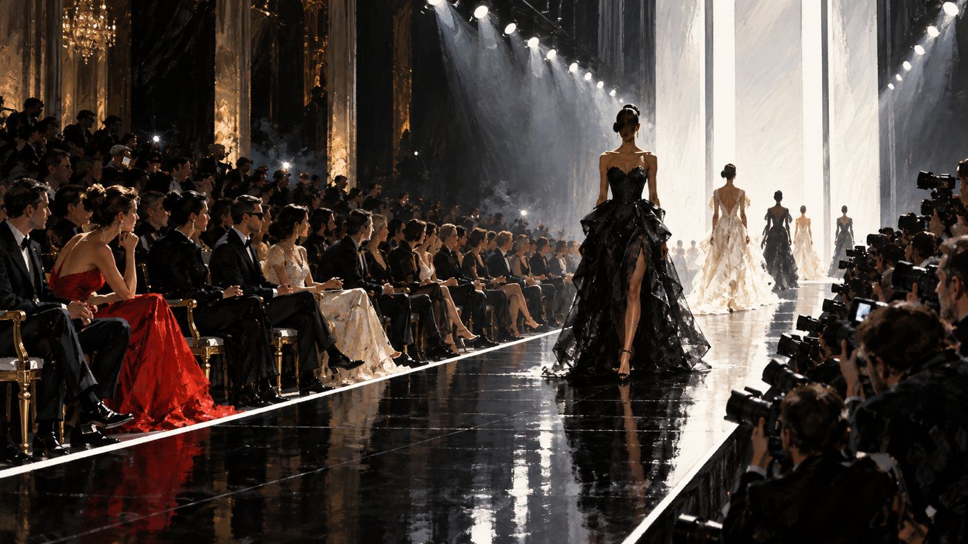 A painterly illustration of the front row of a high fashion runway show — elegant chairs arranged in a precise line, photographers at the edges, the runway stretching away under dramatic lighting, the atmosphere of a major fashion week event