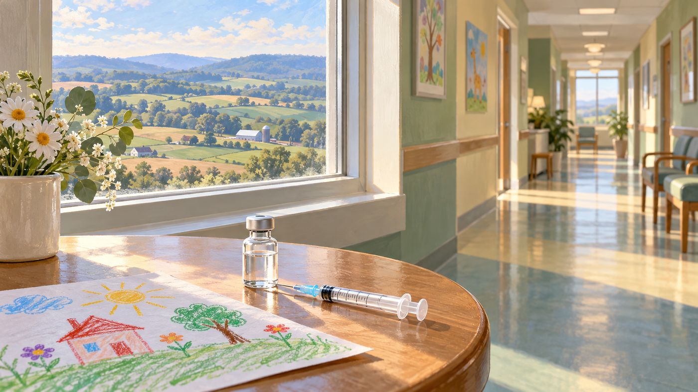 A pediatric clinic hallway with a vaccine vial and syringe on a table beside a window with soft morning light