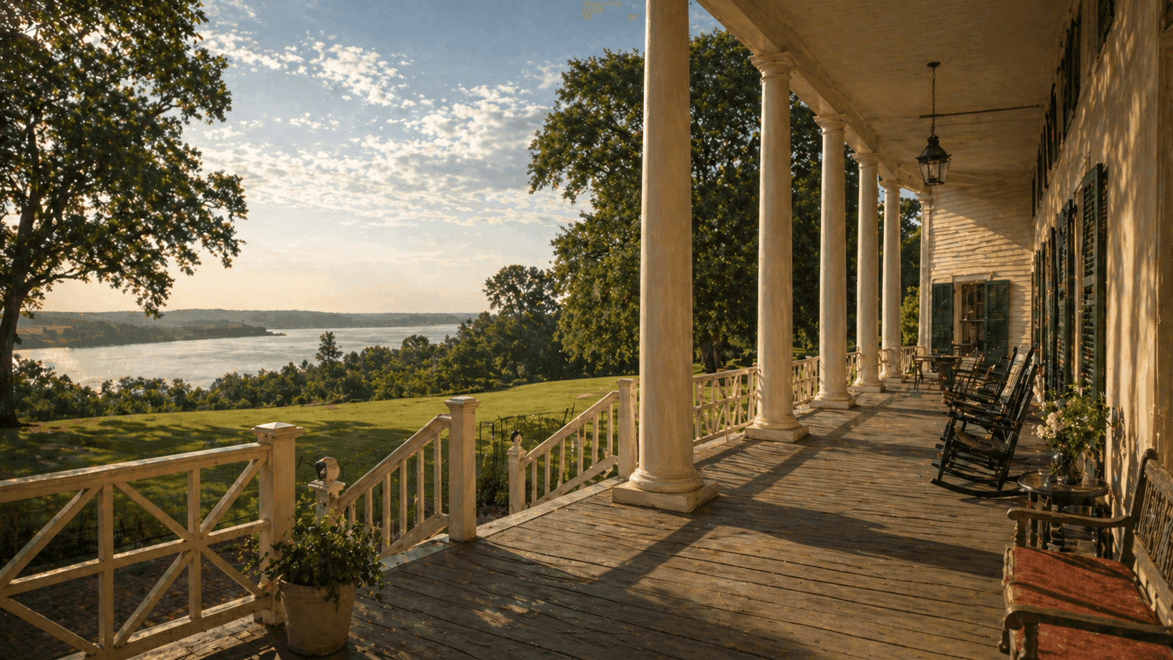 The columned portico of Mount Vernon overlooking the Potomac River on a summer morning