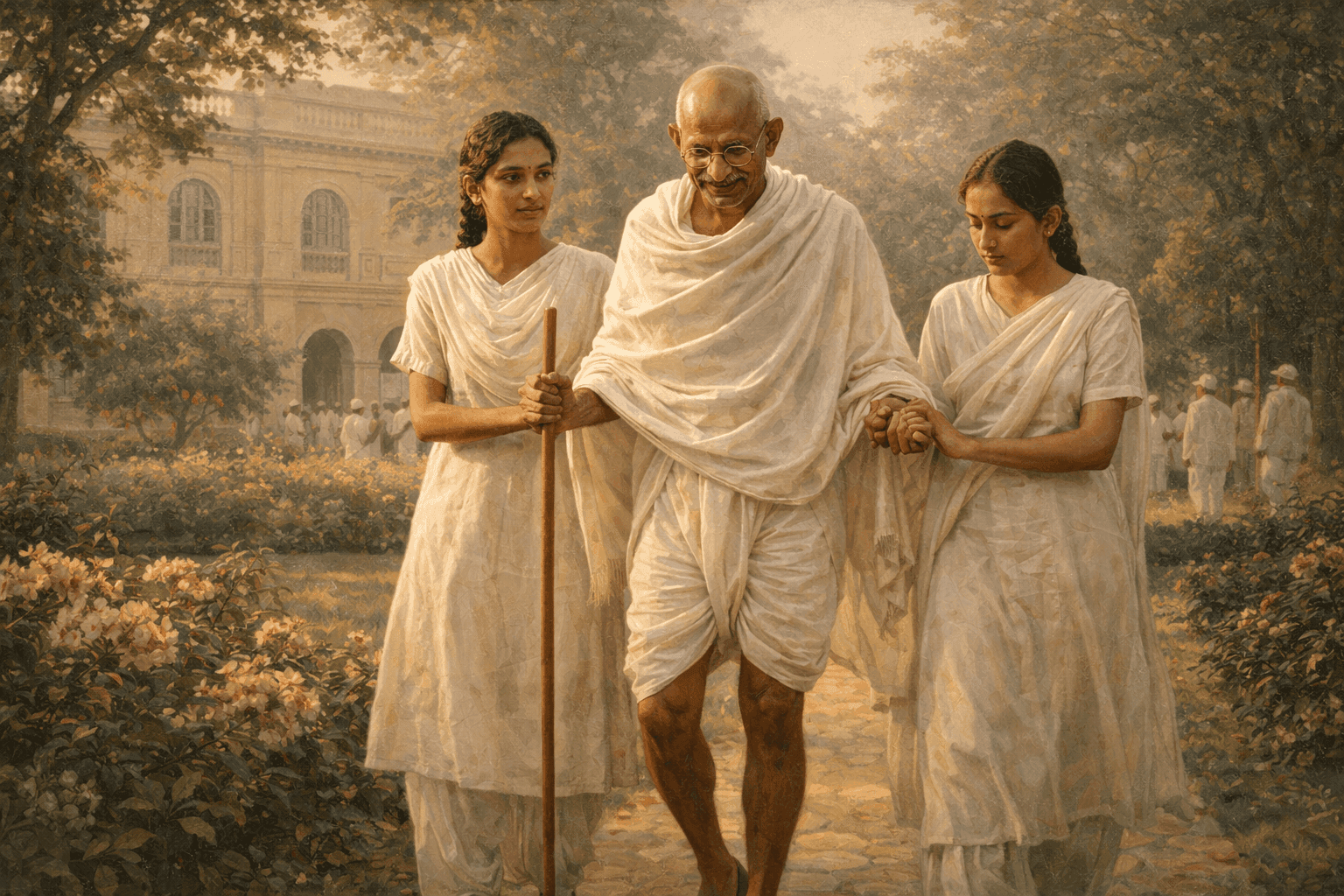 Mahatma Gandhi in his simple white dhoti walking with his walking stick and grandnieces in a peaceful garden setting