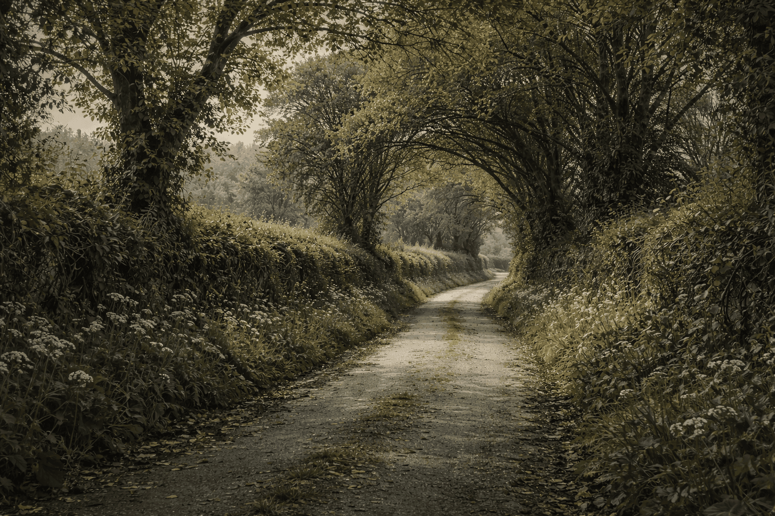 A narrow winding English country lane through a Dorset woodland on a quiet overcast morning