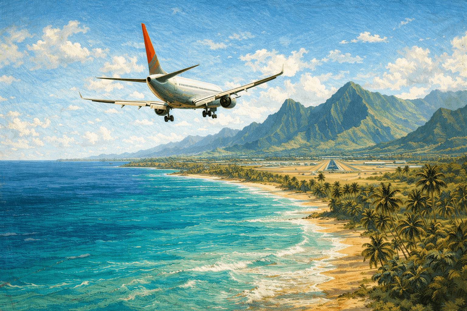 A commercial airliner making an emergency approach over a tropical Hawaiian coastline with mountains behind it