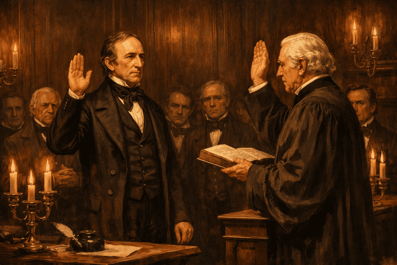 A formal 1840s portrait scene of a statesman being sworn into office in a wood-paneled government chamber