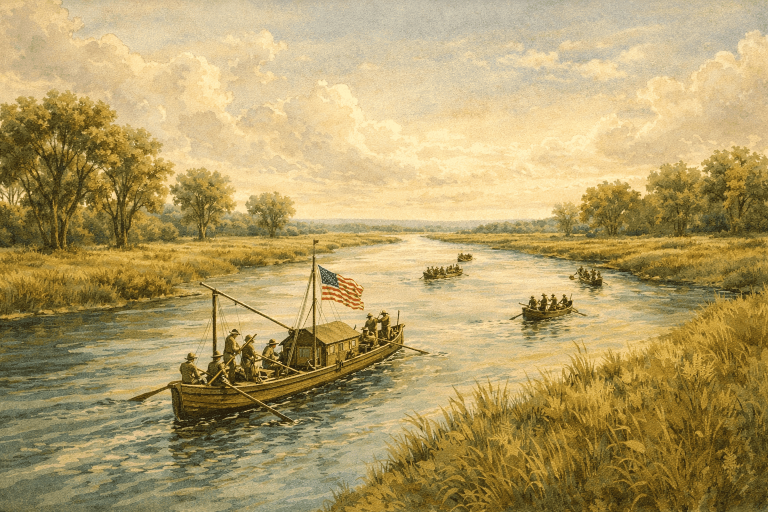 A keelboat and canoes moving up a wide river through untouched American prairie landscape in the early 19th century