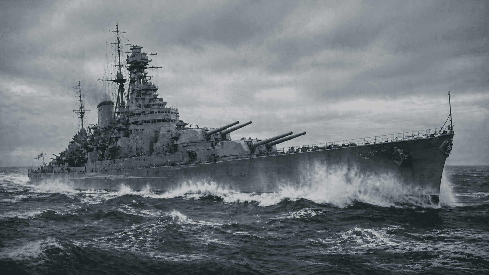 A Royal Navy battlecruiser at speed in gray North Atlantic waters with a dramatic overcast sky above