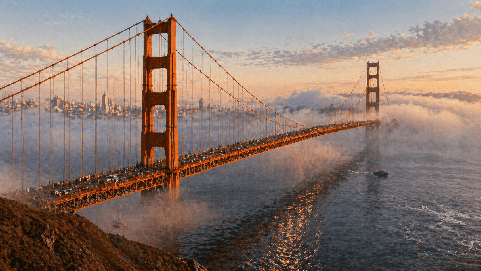 The Golden Gate Bridge emerging from morning fog over the San Francisco Bay with the city skyline visible behind it