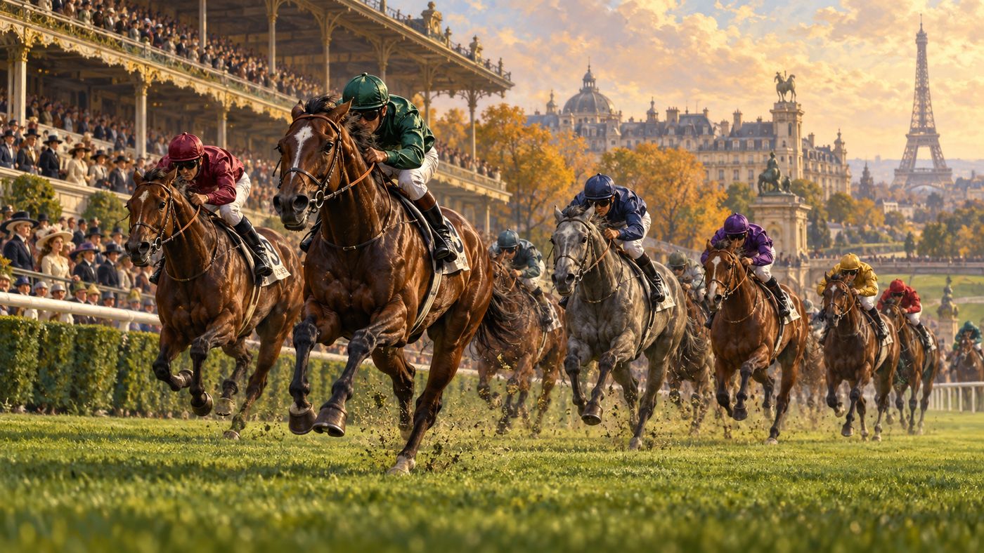 Thoroughbred racehorses galloping down the home stretch of an elegant European racecourse