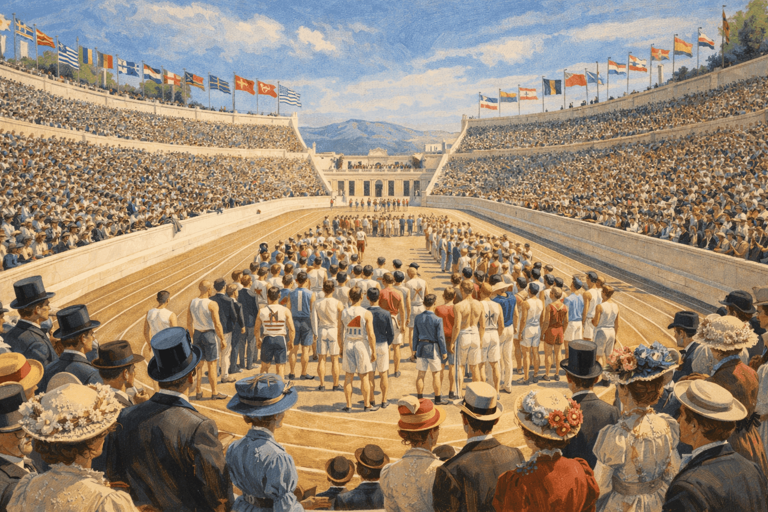 The Panathenaic Stadium in Athens filled with spectators during the 1896 Olympic Games opening ceremony