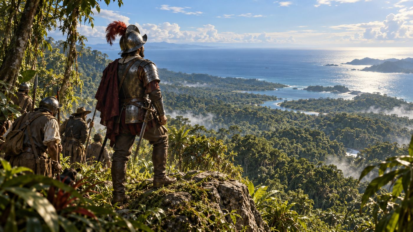 A Spanish conquistador standing on a jungle-covered hilltop in Panama, the vast Pacific Ocean visible on the horizon below, the explorer looking out over a sea no European had seen from this vantage point