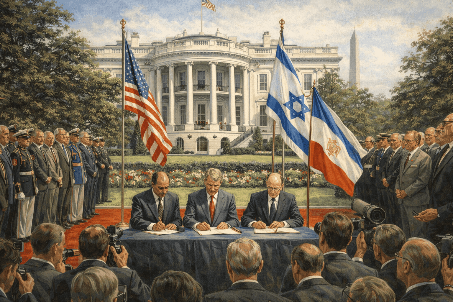 Historical illustration of White House South Lawn with diplomatic ceremony setting and American architecture