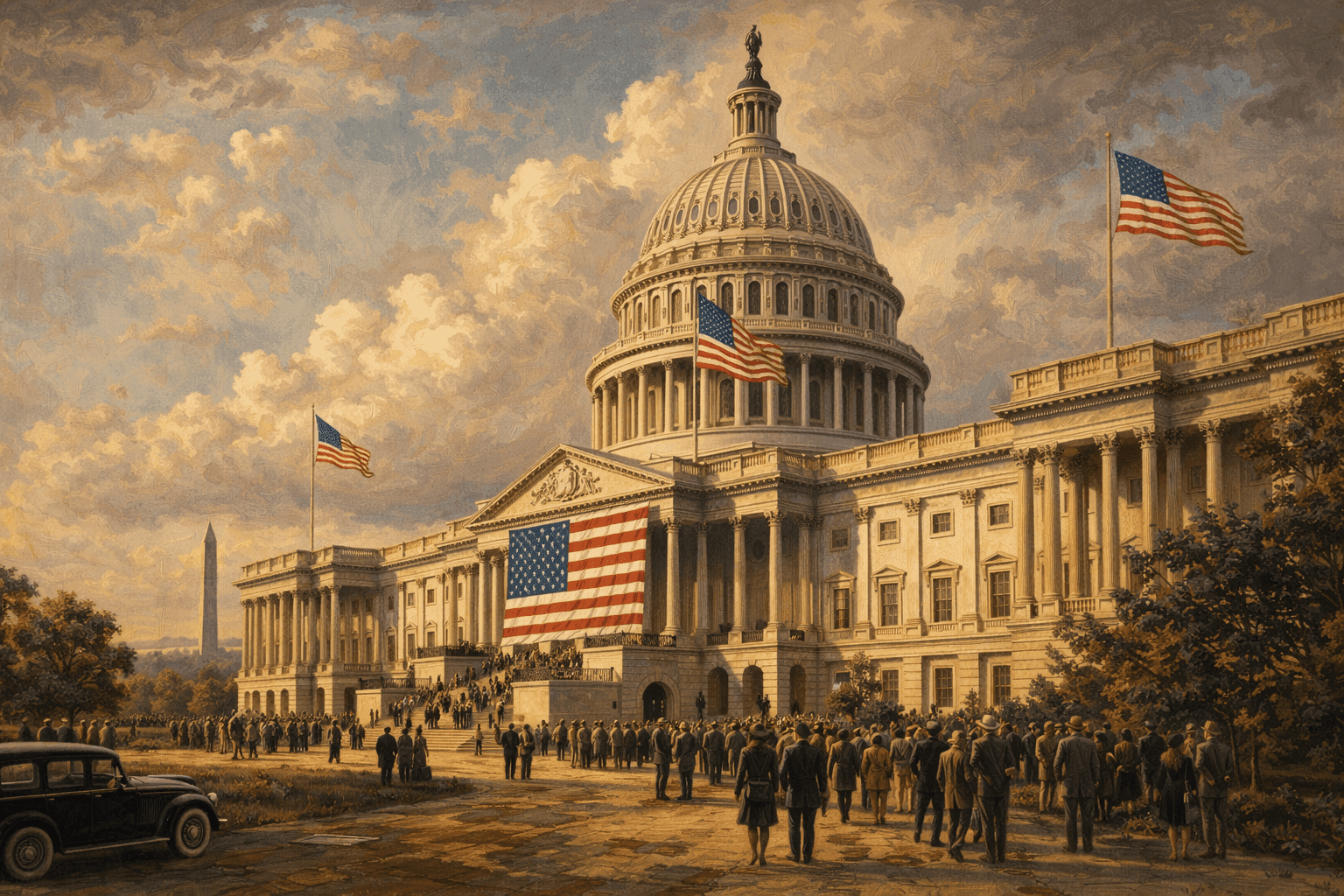 Historical illustration of the U.S. Capitol building in 1930s with American flag prominently displayed