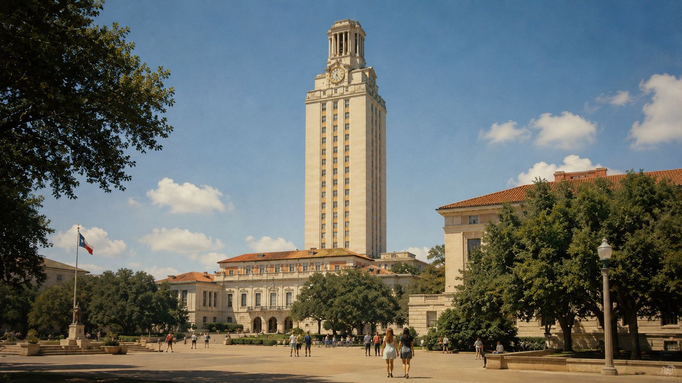 A tall university clock tower rising above a sunlit campus plaza, the surrounding buildings and open walkways visible below