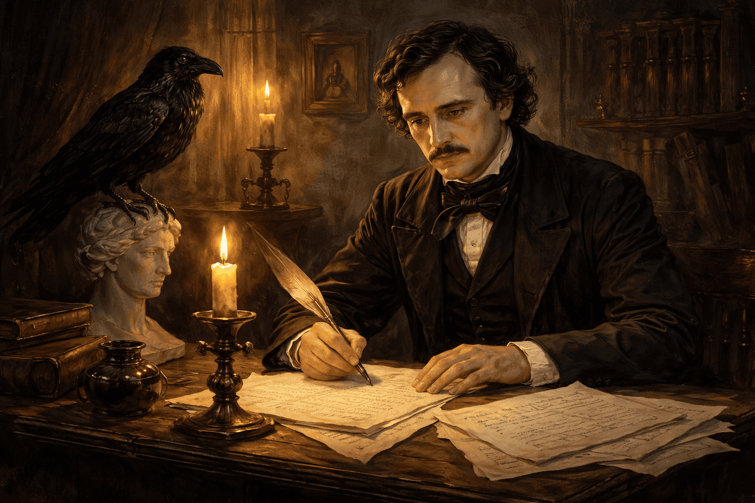 Edgar Allan Poe writing by candlelight with a raven perched nearby and manuscript pages scattered on his desk