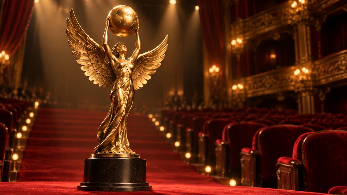 A golden Emmy statuette displayed on a red carpet backdrop with soft theater lighting