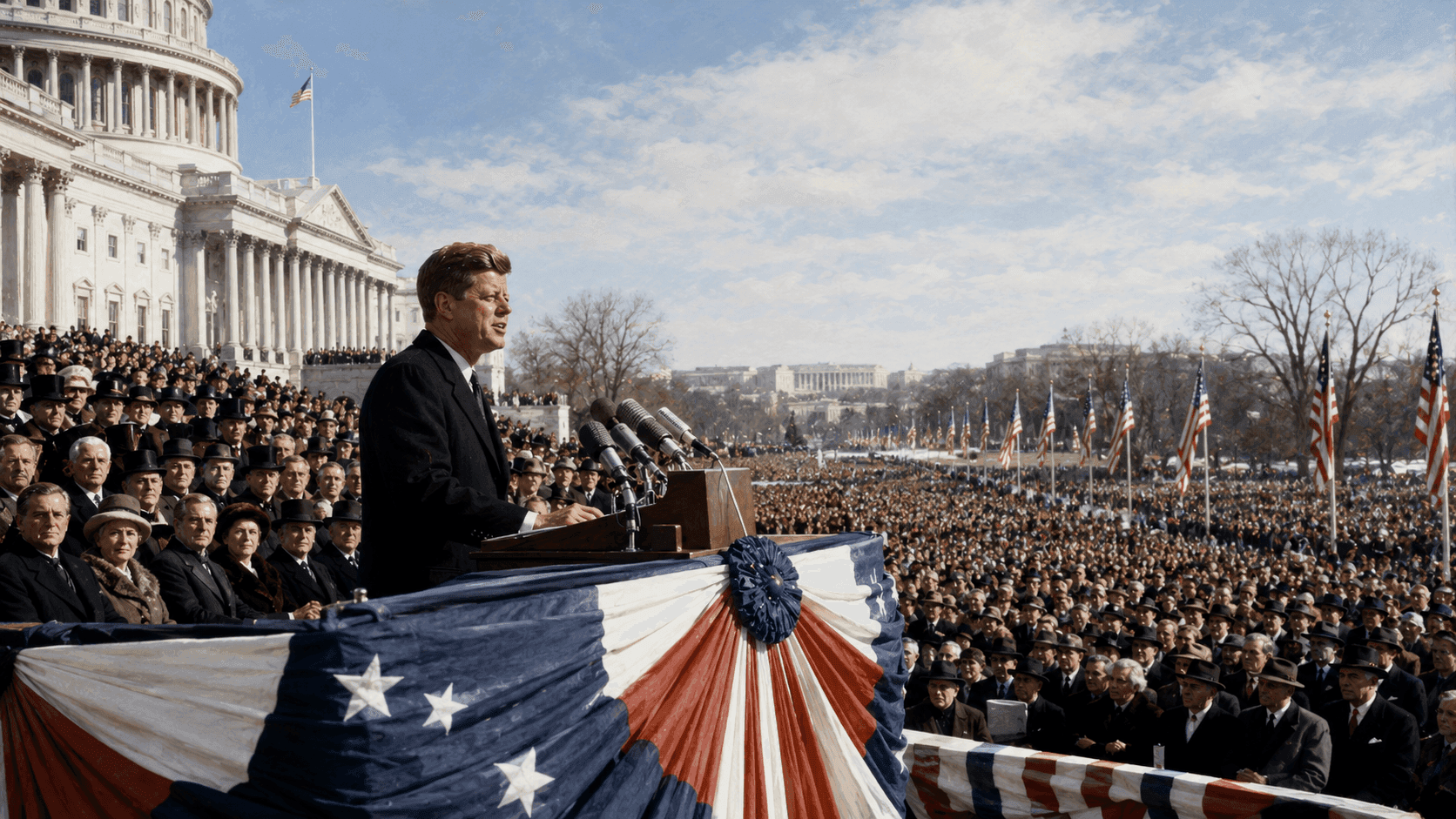 A young president speaking at an outdoor podium before a large crowd on a bright winter day in Washington D.C.