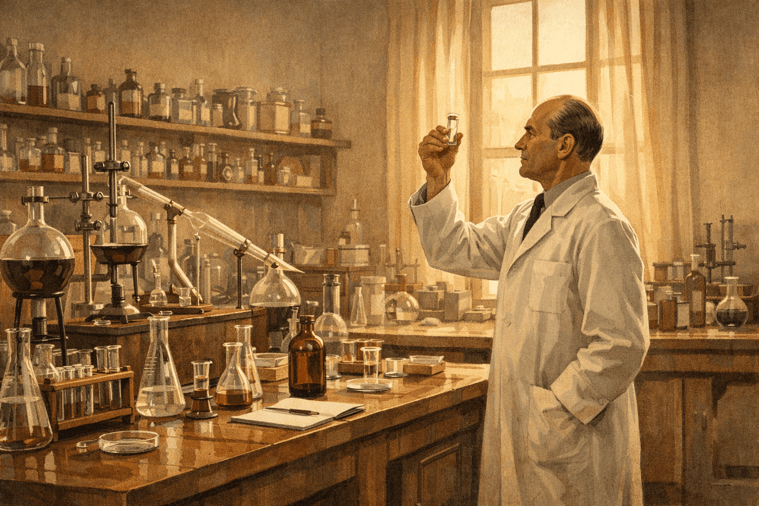 A 1940s chemist examining a glass vial of compounds in a Swiss laboratory surrounded by beakers and scientific equipment
