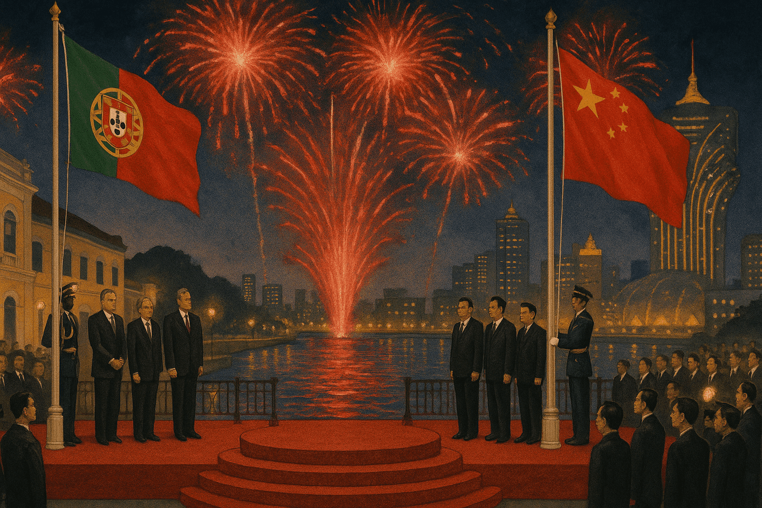The 1999 Macau handover ceremony with Portuguese and Chinese flags, officials from both nations, and fireworks over the harbor