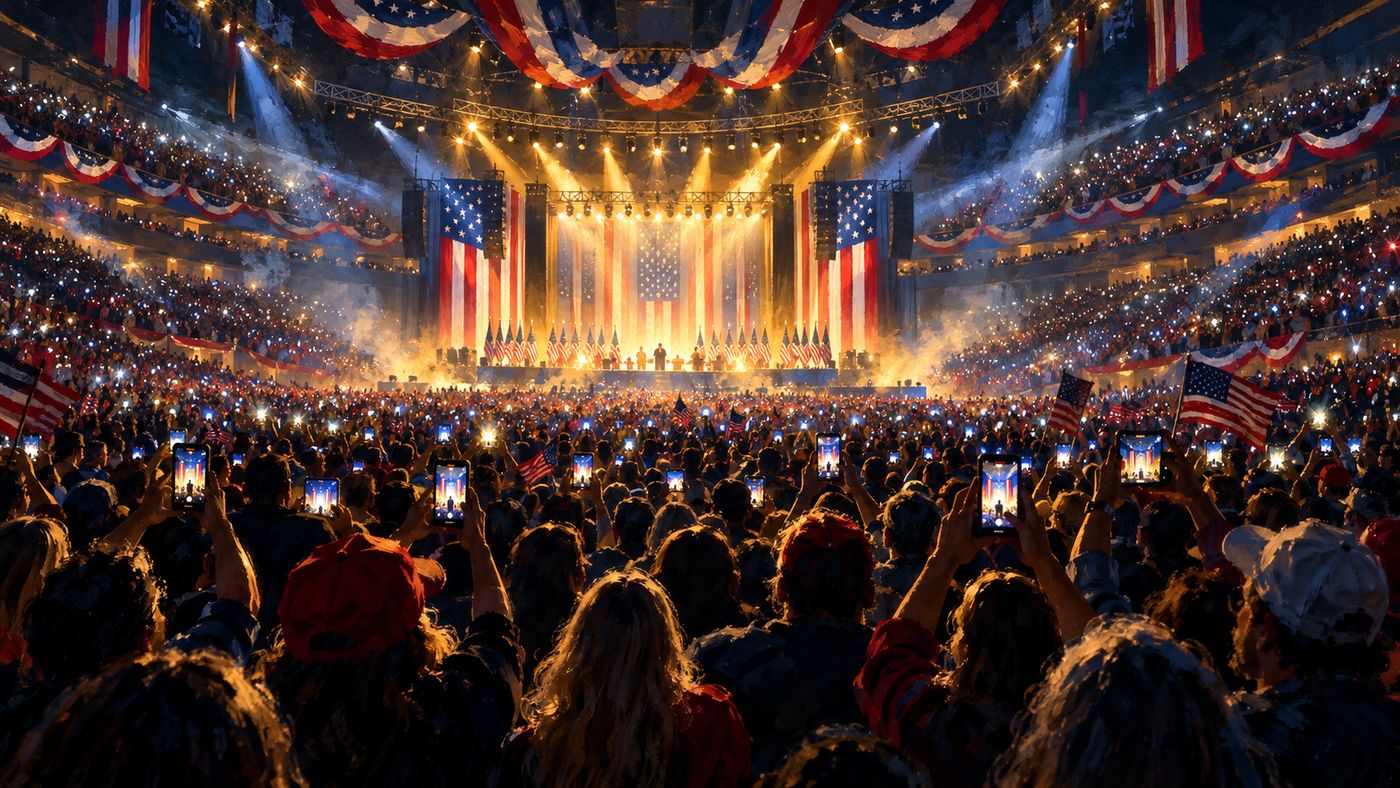 A packed arena rally with a gold-lit stage, waving flags, and a sea of phones raised to record the moment