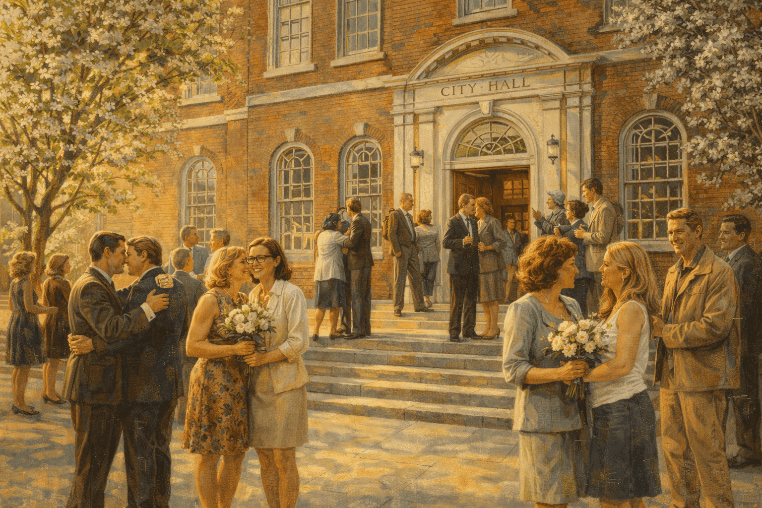 Joyful couples embracing outside a Massachusetts city hall at dawn holding marriage certificates in May 2004
