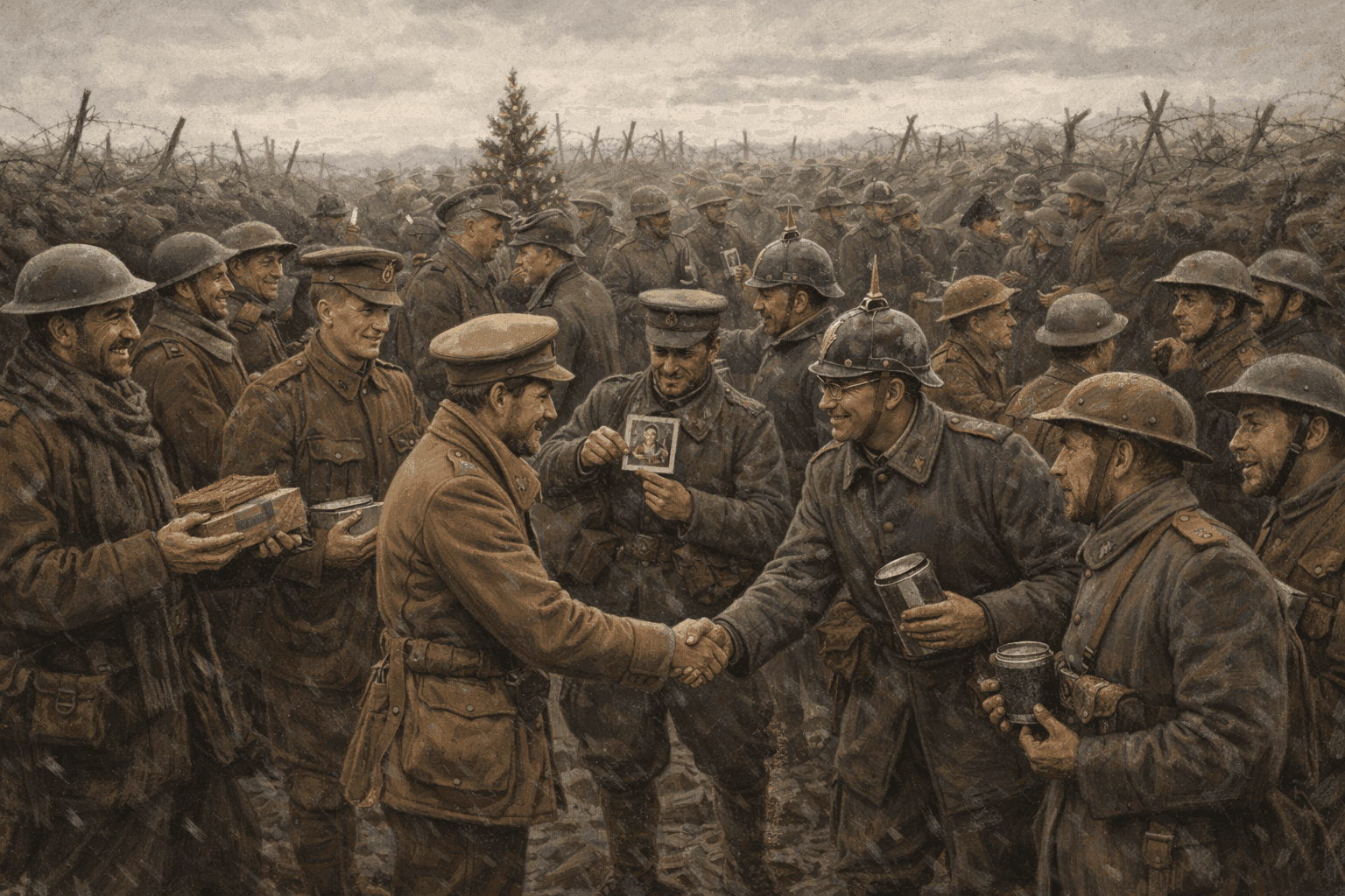 British and German soldiers meeting peacefully in No Man's Land on Christmas Day 1914, shaking hands and exchanging gifts amid the trenches