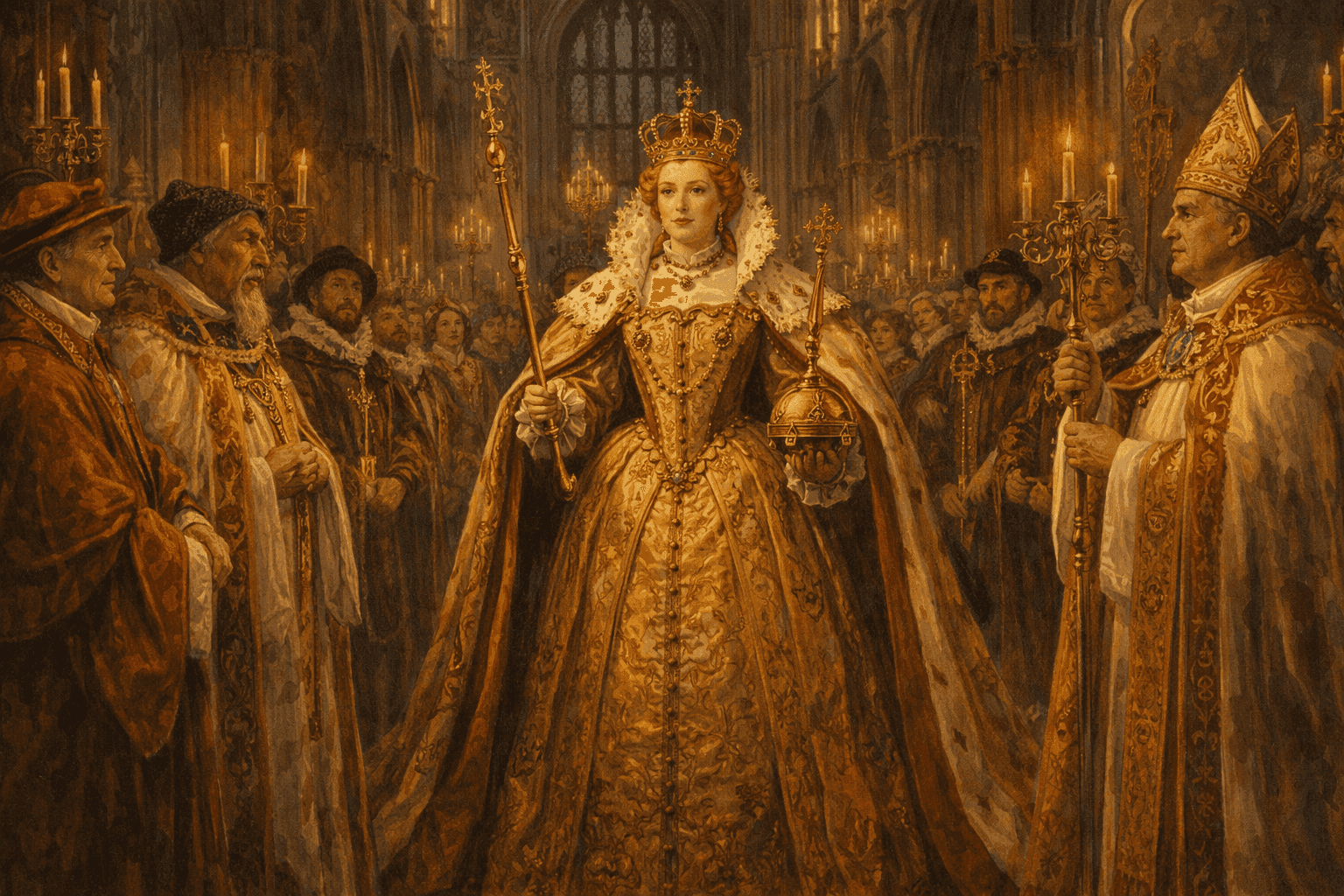 Elizabeth I in elaborate coronation robes and crown, surrounded by attendants in Westminster Abbey