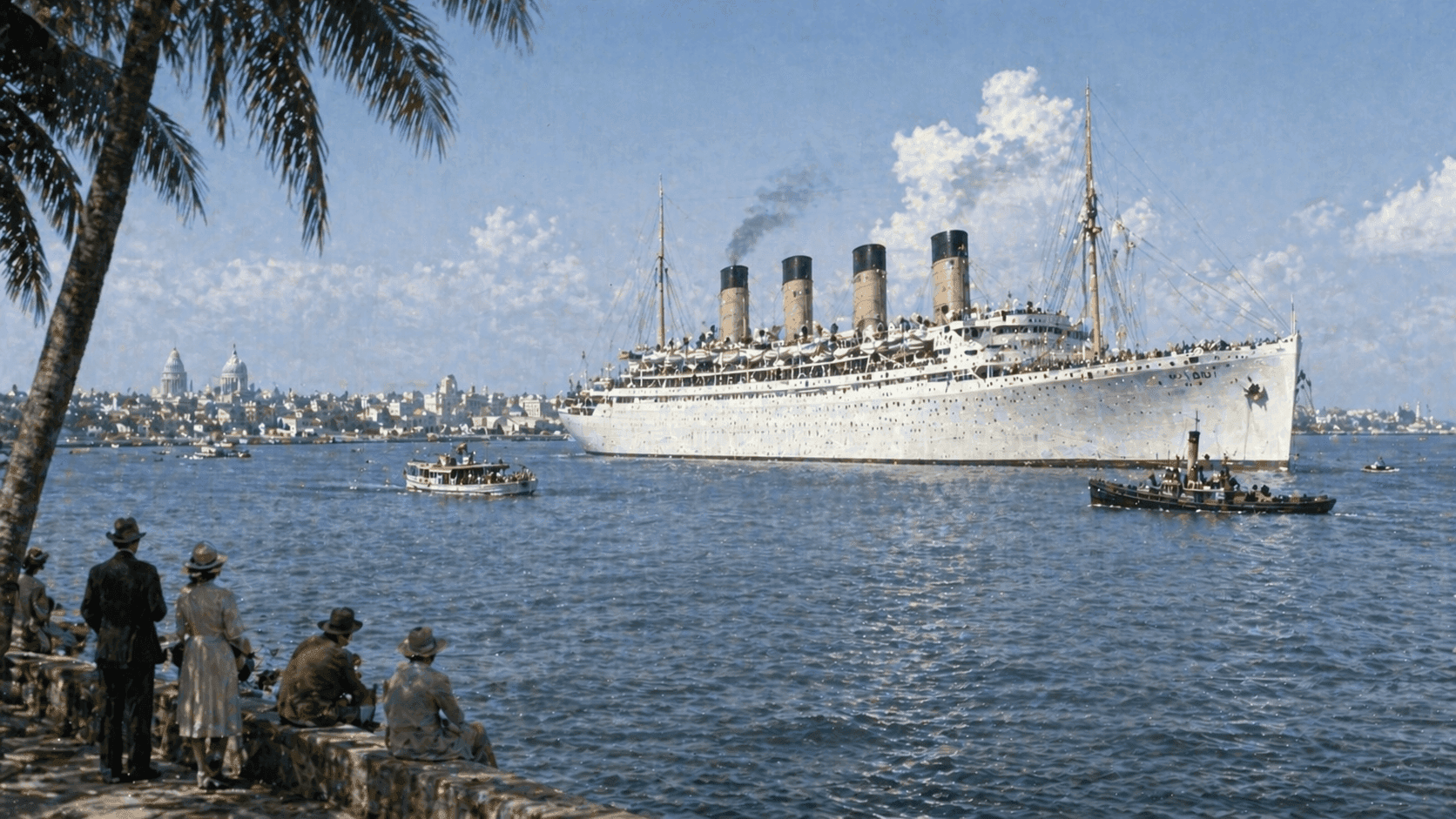 A large ocean liner anchored in a tropical harbor at distance with smaller vessels nearby and the city skyline behind