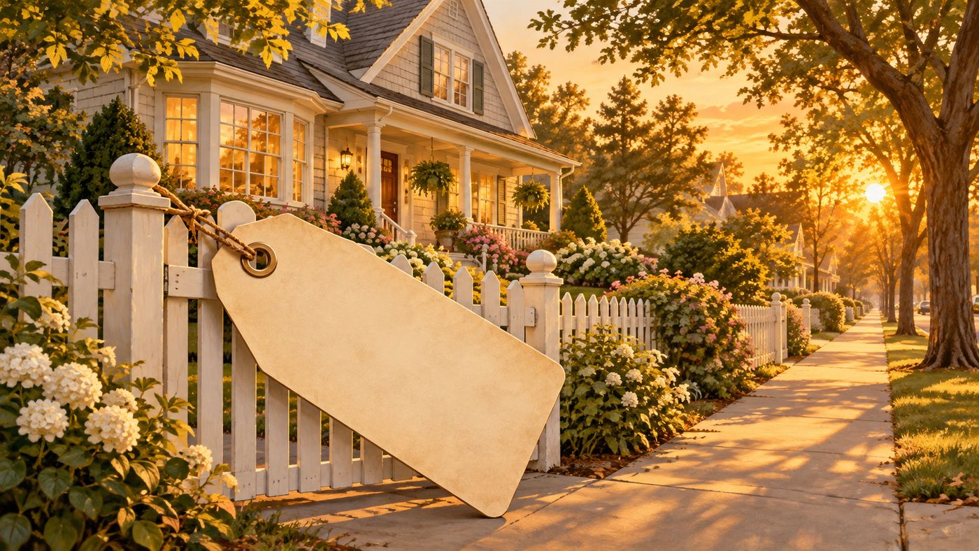 A suburban house with a picket fence glowing in warm light, with a large price tag hanging from the gate