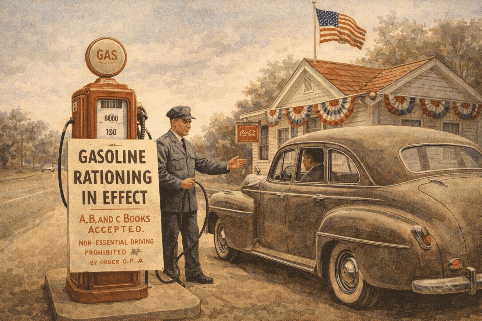 A 1940s American gas station with a rationing notice posted on the pump and a family car being filled under wartime restrictions