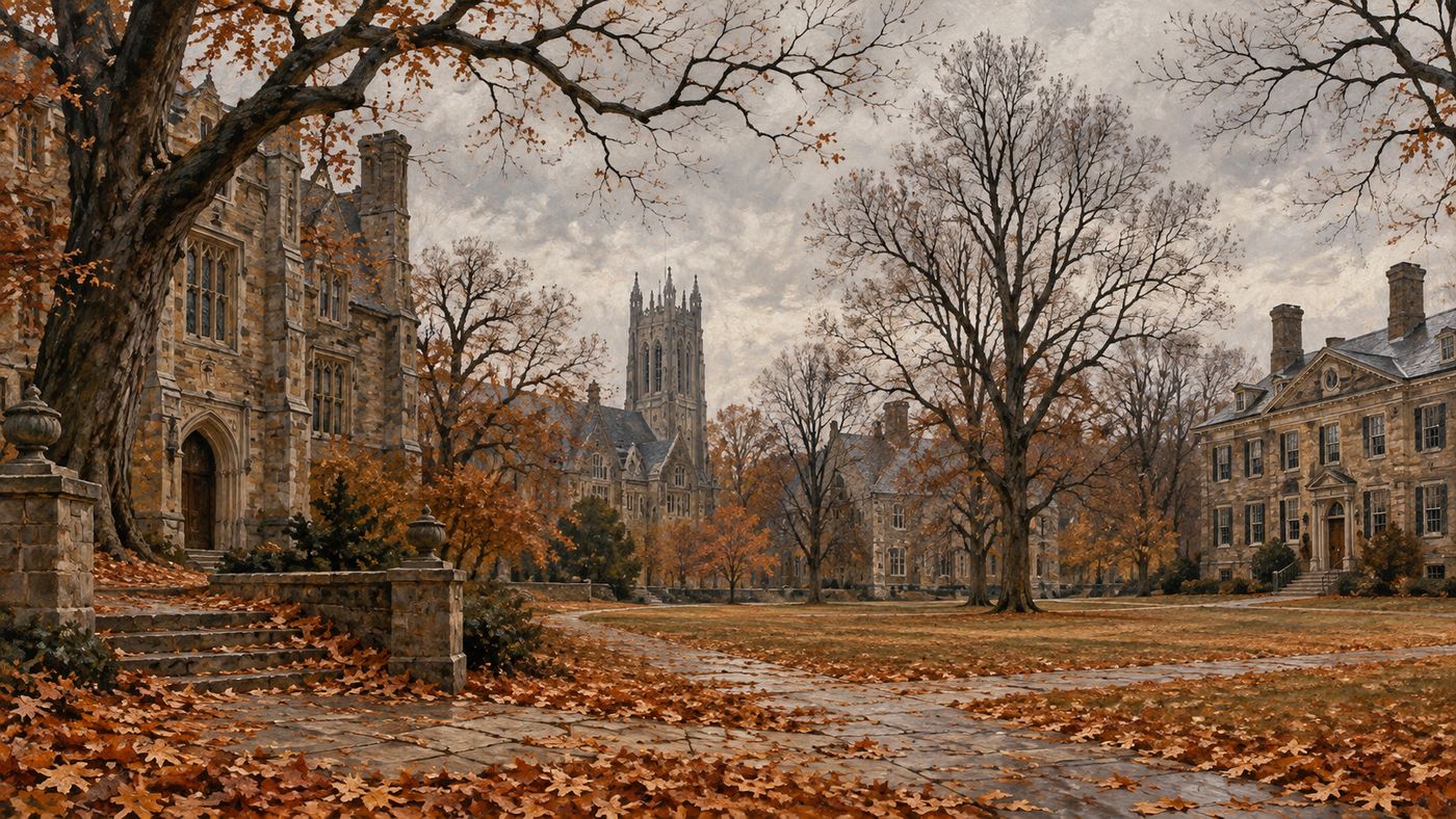 A painterly illustration of a 1950s New England college campus in late autumn — gothic stone buildings set among bare trees, fallen leaves on the paths, a pale November sky above, the atmosphere one of intellectual solitude and seasonal melancholy