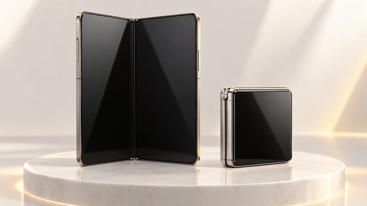A sleek folding smartphone shown both open and closed on a minimalist product display stand