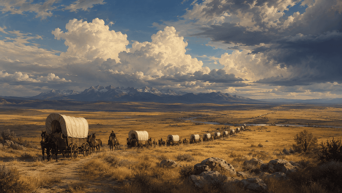A 19th century prairie landscape with a long wagon train moving westward toward distant mountains under a vast sky