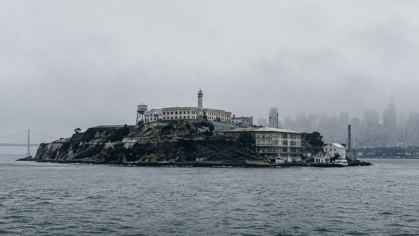 Alcatraz Island in San Francisco Bay, the prison buildings visible on the rocky island surrounded by cold blue water, the city skyline in the distance