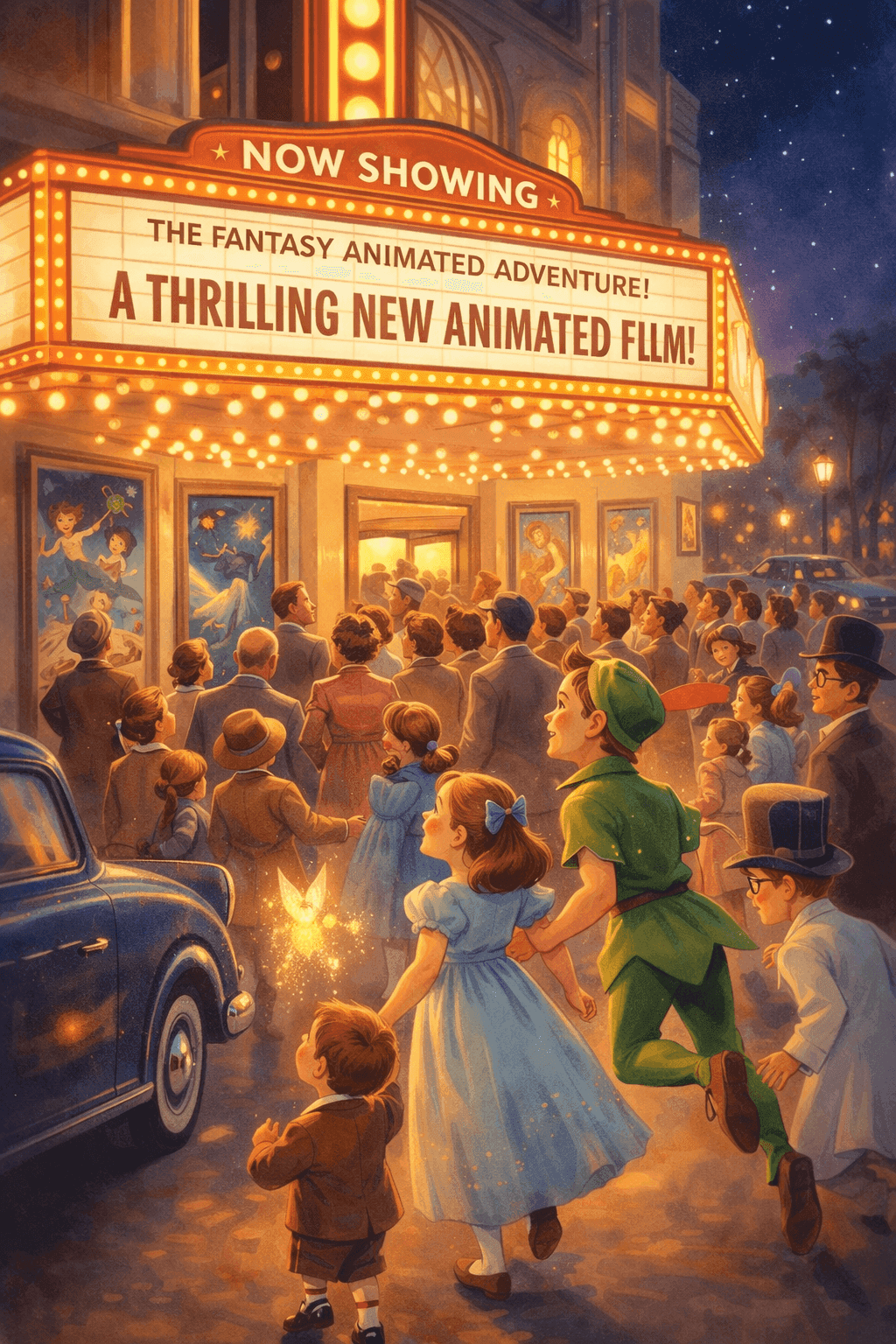 Peter Pan flying with Wendy, John, and Michael over nighttime London with Big Ben and the starry sky visible