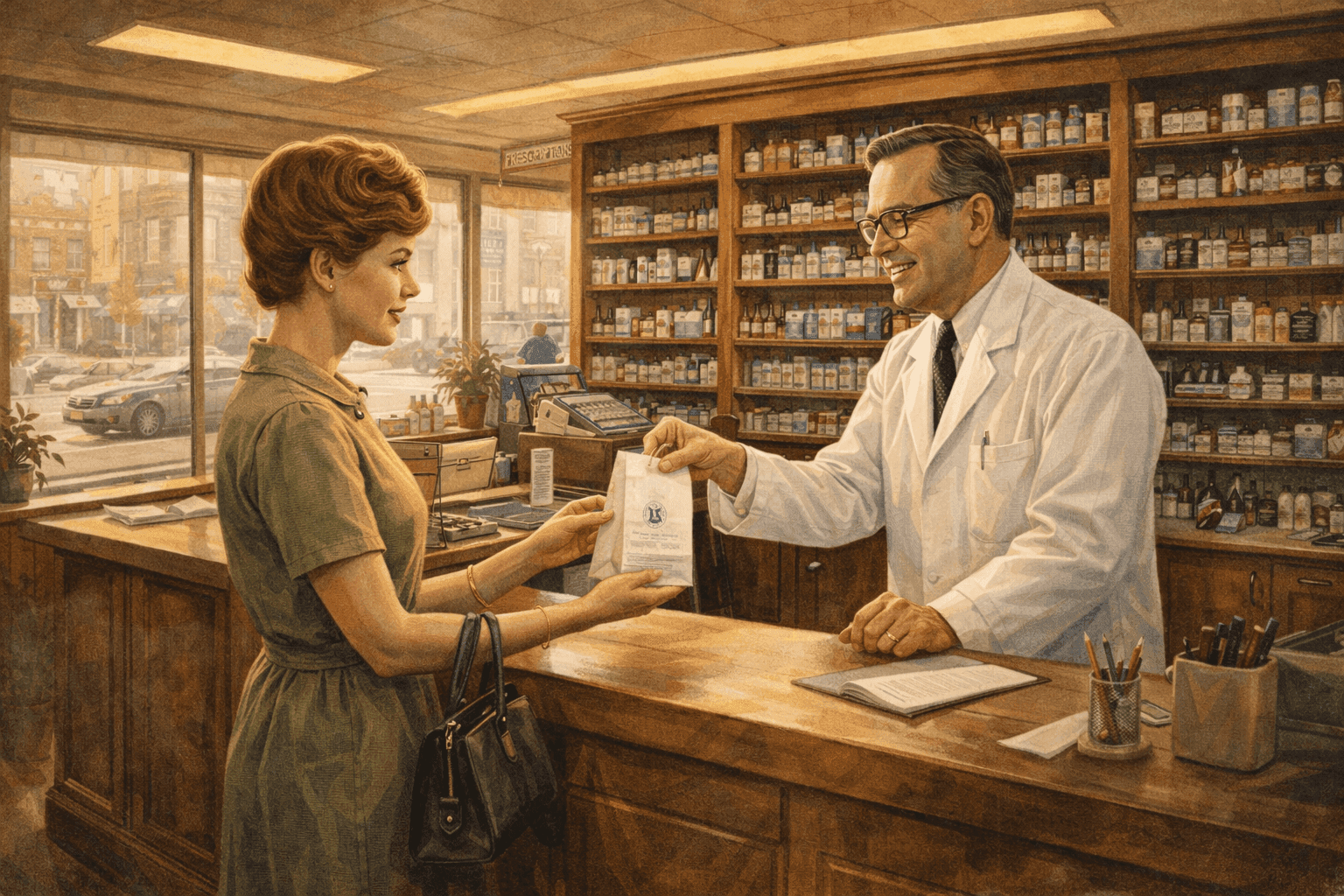 A 1960s pharmacy counter with a pharmacist and female customer and modern pill packaging displayed on the shelves behind