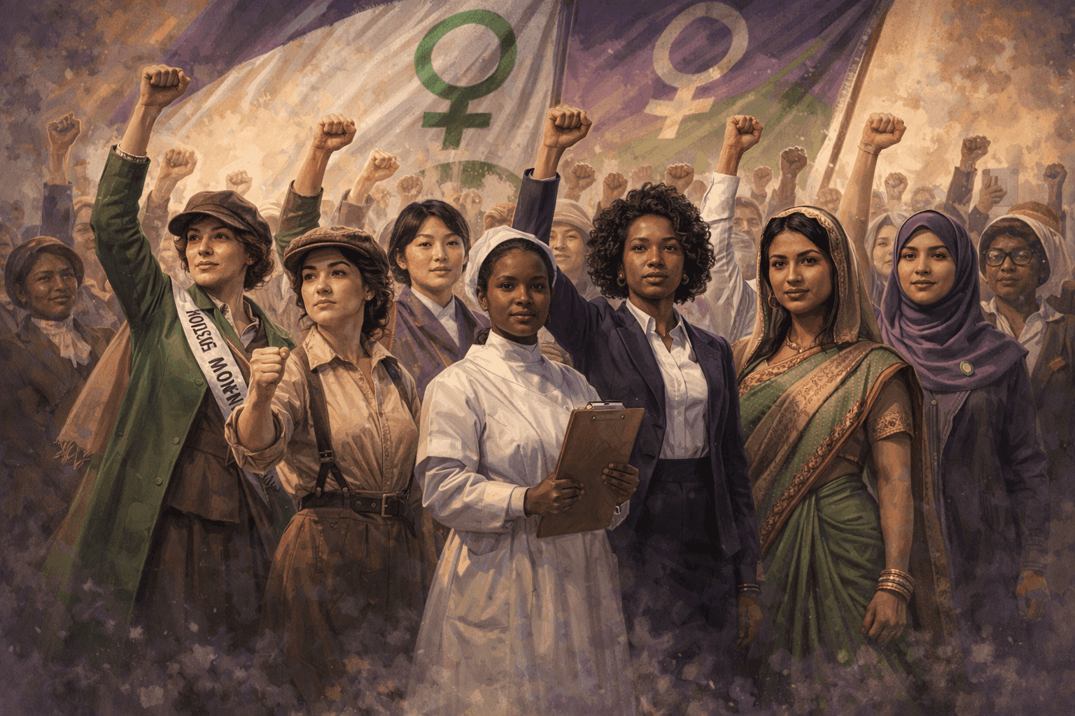 Historical illustration of diverse group of women from different eras united in solidarity and progress