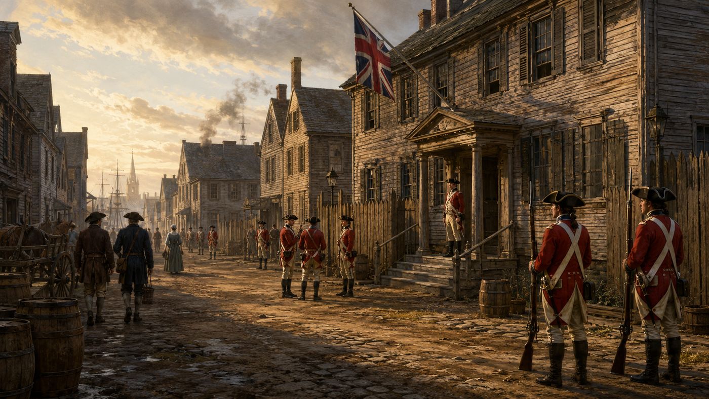 A Revolutionary War era New York City scene, British soldiers visible on a street near a building used as a military headquarters, the Manhattan skyline of 1776