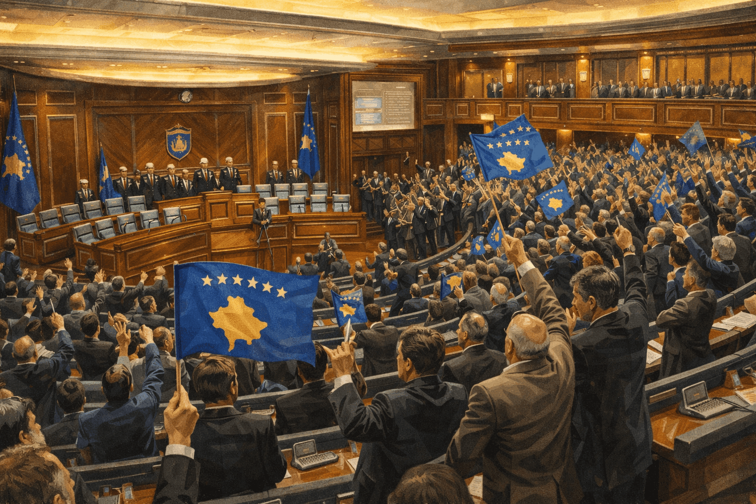 Kosovo parliament session during the independence declaration with members voting and Kosovo flags being raised in 2008 Pristina