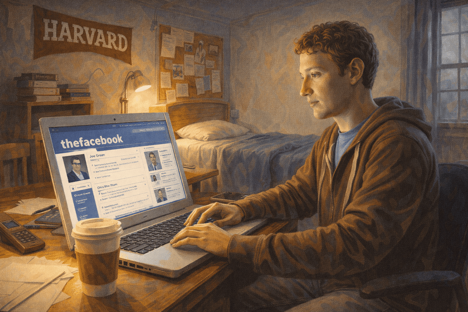 Young Mark Zuckerberg in Harvard dorm room working on laptop with early Facebook interface visible on screen
